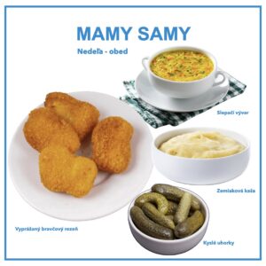 Tradičné nedeľné menu pre OZ DVS: vyprážaný bravčový rezeň, krémová zemiaková kaša, miska slepačieho vývaru a kyslé uhorky.