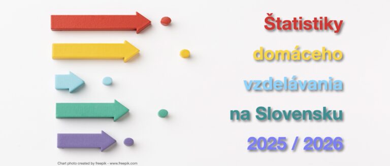 Farebné šípky s nápisom Štatistiky domáceho vzdelávania na Slovensku v školskom roku 2025/2026.