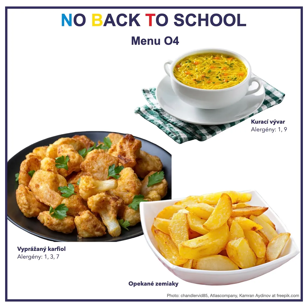 Menu O4 na No Back To School: kurací vývar s rezancami, vyprážaný karfiol a opekané zemiaky