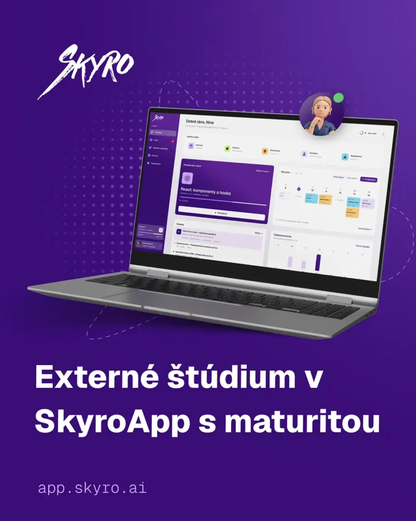 Notebook s otvorenou aplikáciou SkyroApp a nadpisom „Externé štúdium v SkyroApp s maturitou", odkaz app.skyro.ai